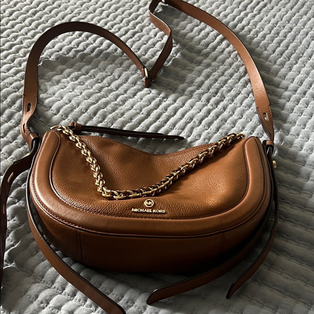 Michael Kors Tan Leather Crescent Shoulder Bag with Gold Chain